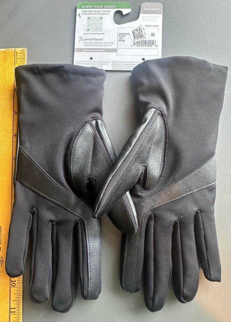 Isotoner Black Leather Fleece Lined Gloves smart touch eco comfort  Size L/XL NW - Picture 9 of 12